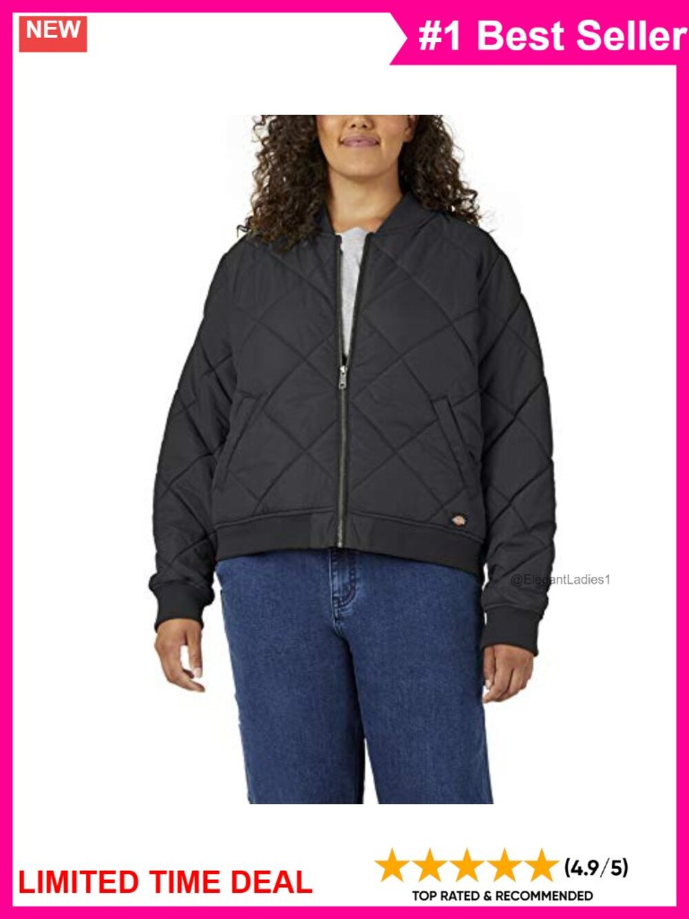 Women's Plus Quilted Bomber Jacket Water Resistant Rib Knit Trim